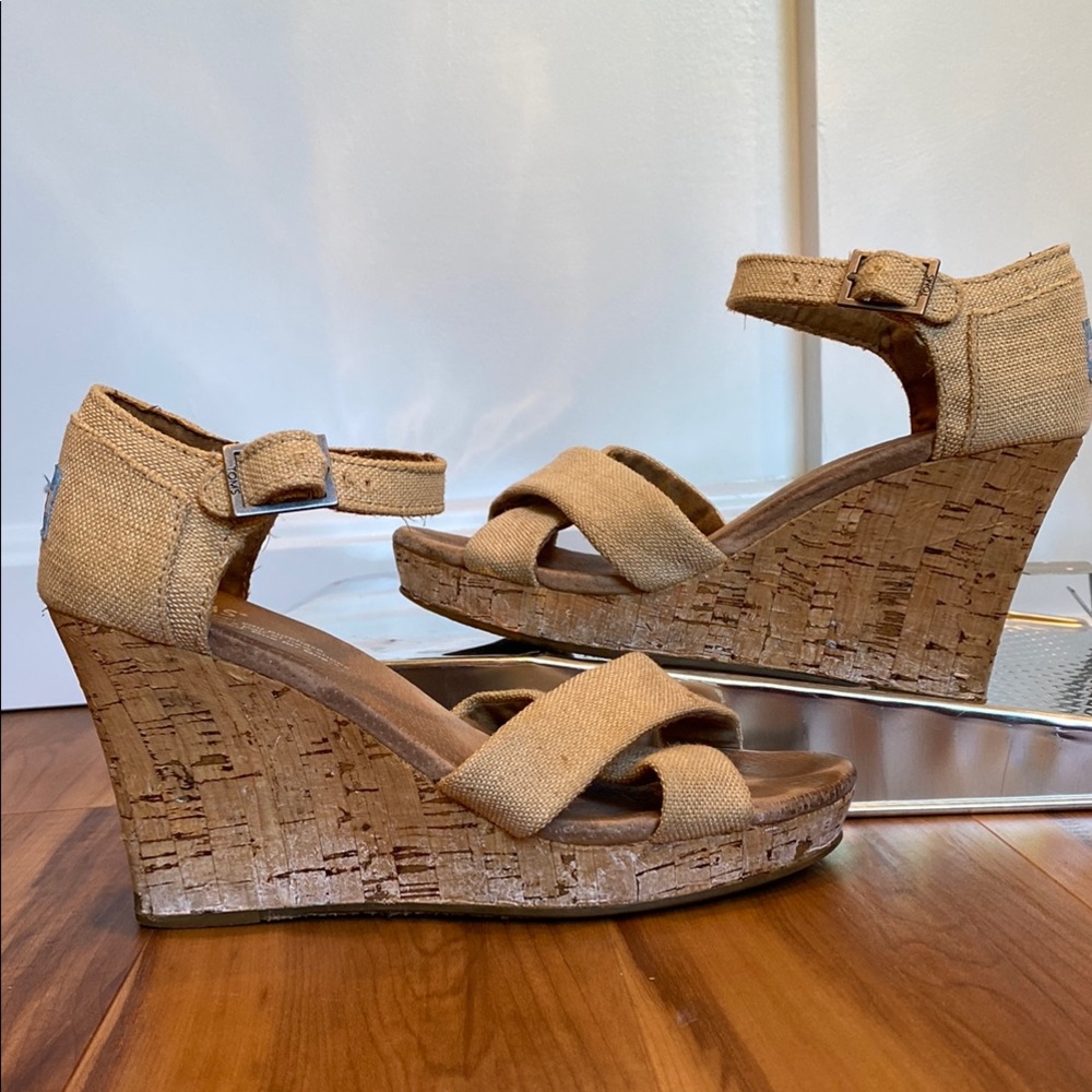 Toms Tan Canvas Summer Wedge Cork Sandals Heels